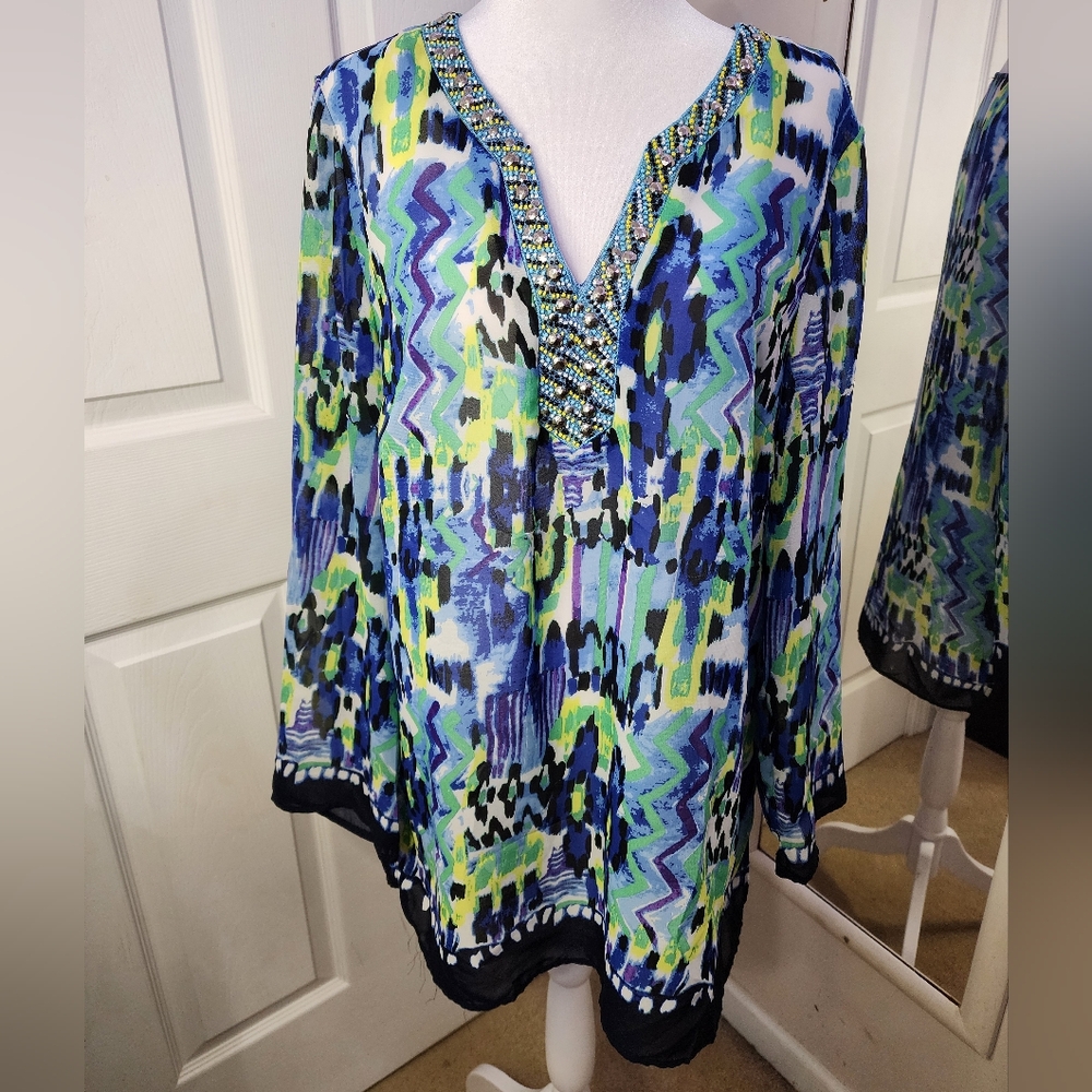 💞3/$24💞 Women's Embellished Tunic Top Sheer Artsy XL Valerie Stevens